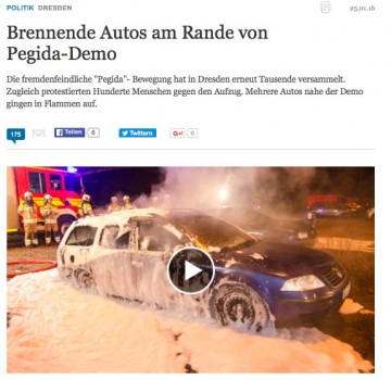 "Brennende Autos am Rande von Pegida-Demo" (Screenshot: Die Welt)